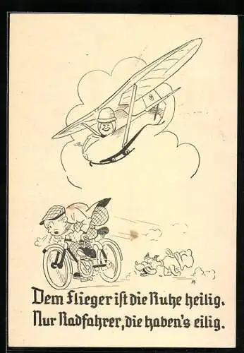 Künstler-AK Flugzeug über einem Radfahrer mit Hund