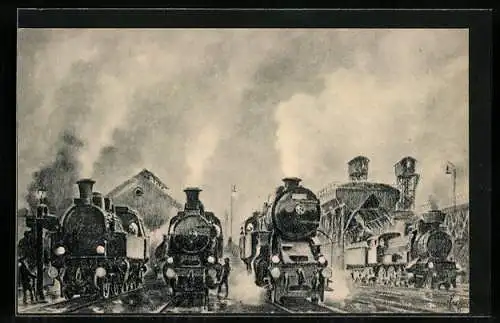AK Lokomotive 3541, 4341, 4560 und 4340 der österreichischen Eisenbahn vor dem Heizhause
