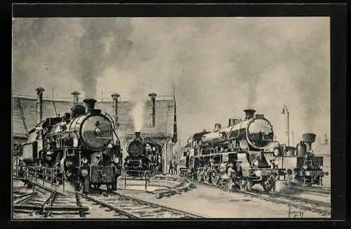 Künstler-AK Pred Vytopnou, Lokomotive 3650 der tschechischen Eisenbahn