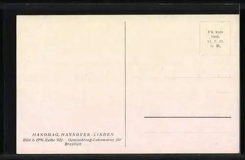 AK Hannover-Linden, HANOMAG, Bild Nr. 6, Gemischtzug-Lokomotive für Brasilien
