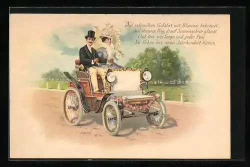 Lithographie Elegantes Paar während einer Ausfahrt mit einem Auto
