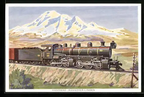Künstler-AK Güterzuglokomotive für die Eisenbahn Arica-La Paz (Chile-Bolivien), gebaut von Hanomag /Hannover-Linden