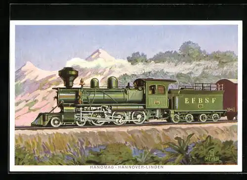 Künstler-AK Personenzuglokomotive für brasilianische Bahngesellschaften, gebaut von Hanomag /Hannover-Linden