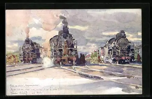 Künstler-AK Personenzüge der russischen Eisenbahn auf einem Bahnhof