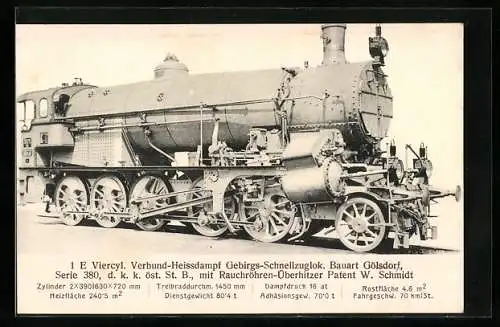AK 1E Viercyl. Verbund-Heissdampf Gebirgs-Schnellzuglok. Bauart Gölsdorf, Serie 380 der österr. Staatsbahn