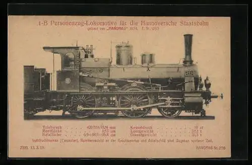AK 1-B Personenzug-Lokomotive für die Hannoversche Staatsbahn, Gebaut von Hanomag 1874