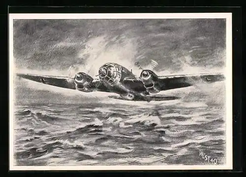 AK Heinkel-Kampfflugzeug He 111 im Tiefflug über der Nordsee