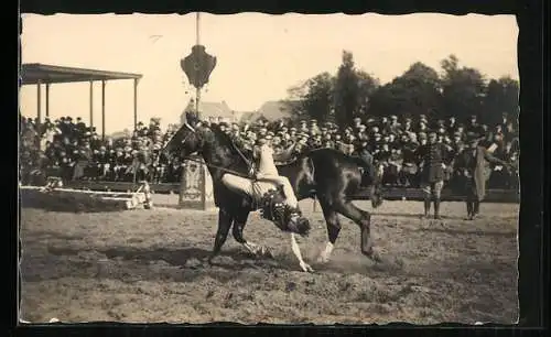 Foto-AK Akrobatische Vorführung auf dem Pferderücken vor Publikum