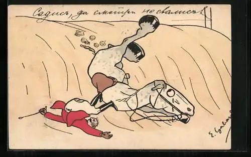 Künstler-AK Pferd und Reiter nach dem Sturz - Karikatur