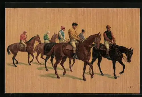 AK Jockeys vor einem Pferderennen, Pferdesport