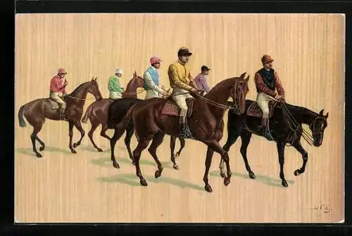 AK Jockeys vor einem Pferderennen, Pferdesport
