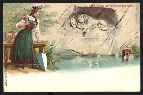 Lithographie Luzernerin beim Löwendenkmal