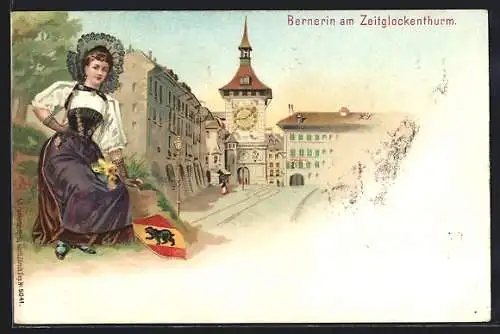 Lithographie Bern, Zeitglockenturm und Bernerin in Volkstracht