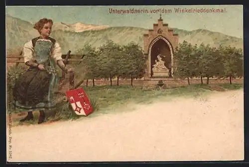 Lithographie Stans, Unterwaldnerin in Tracht vor dem Winkelrieddenkmal, Wappen