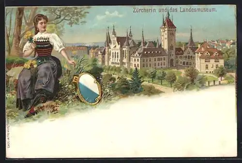 Lithographie Zürich, Zürcherin in Tracht und das Landesmuseum