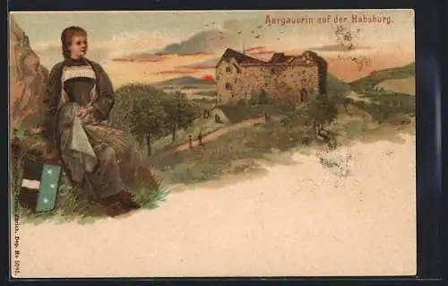 Lithographie Aargau, Aargauerin auf der Habsburg, Wappen