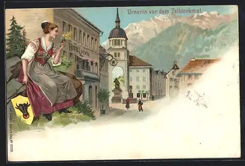 Lithographie Altdorf, Urnerin vor dem Telldenkmal mit Hotel Loewen