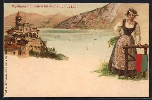 Lithographie Schweiz, Costume ticinese e Madonna del Sasso, Ortspartie und Frau in Tracht