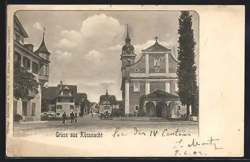 AK Küssnacht, Strassenpartie mit Kirche