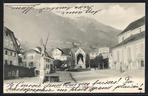 AK Stans, Dorfplatz mit Winkelried-Denkmal und Stanserhorn