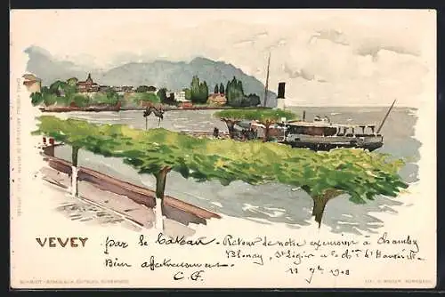 Künstler-Lithographie Fritz Voellmy: Vevey, Dampfer vor dem Ort