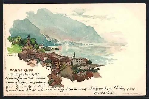 Künstler-AK Fritz Voellmy: Montreux, Ortspartie mit Blick auf den See