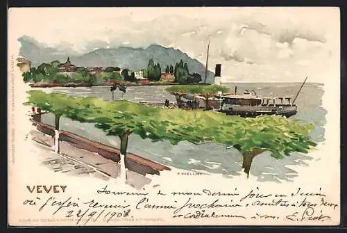 Künstler-Lithographie Fritz Voellmy: Vevey, Dampfer vor dem Ort