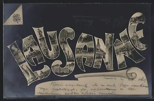 AK Lausanne, Schriftzug mit Turm, Denkmal und Segelbooten