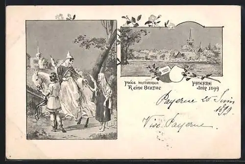 Künstler-AK Payerne, Panorama, Frau zu Pferde und Spinnerin