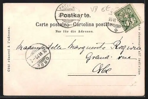 Künstler-AK Payerne, Panorama, Frau zu Pferde und Spinnerin