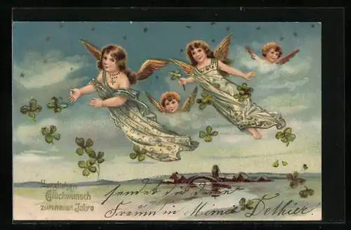 Lithographie Fröhliches Neujahr, Neujahrsengel verstreuen Klee