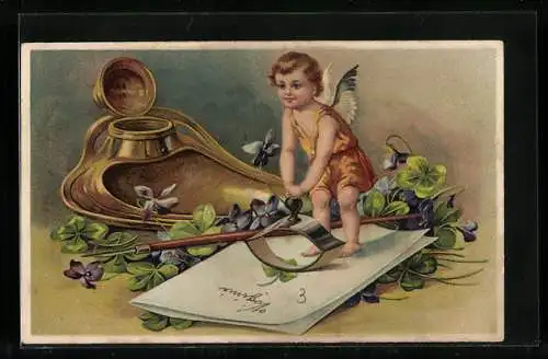 Präge-AK Kleiner Engel mit Kleeblättern auf einem Brief