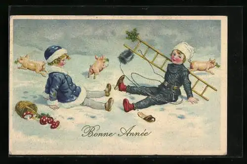 AK Kind und Schornsteinfeger fallen gemeinsam in den Schnee