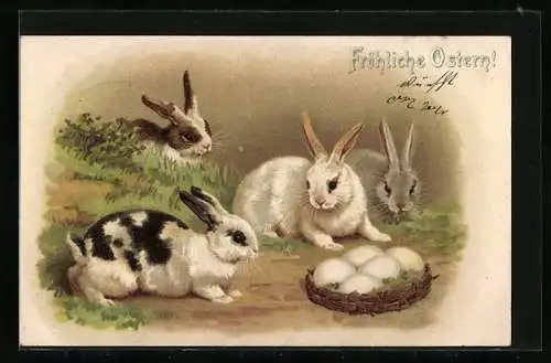 AK Fleckige Osterhasen mit Eiern im Gras