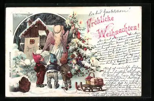 AK Weihnachtsengel und Zwerge schmücken einen Weihnachtsbaum