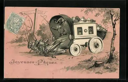 Präge-AK Frau Osterhase fährt mit der Eierkutsche