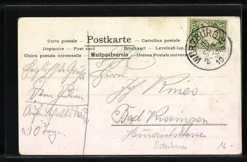 AK Osterhasen sitzen auf einer Bank mit Regenschirm, Eierschalen-Boot mit Häschen, Osterhase leckt an einem Ei