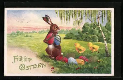 AK Osterhase trägt Ostereier, Osterküken
