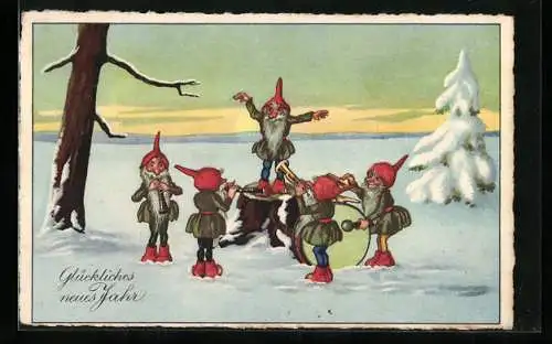 AK Zwerge, Ansicht von fünf Zwergen beim Musizieren im Schnee, Neujahrsgrüsse