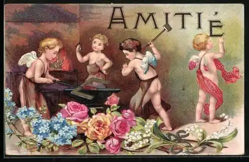 AK Neujahrsengel beim Schmieden von Buchstaben