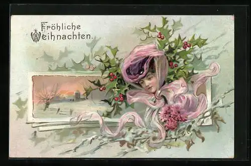 Präge-AK Fröhliche Weihnachten, junge schöne Frau im rosanen Tuch vor einem Wintermotiv