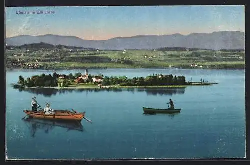 AK Ufenau im Zürichsee, Ruderer vor der Insel