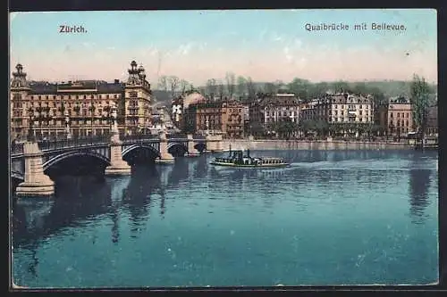 AK Zürich, Quaibrücke mit Bellevue