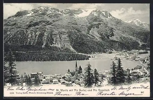 AK St. Moritz, Ortsansicht mit Piz Surlej und Piz Rosatsch
