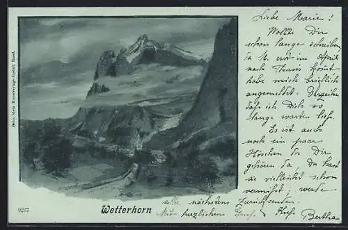 Mondschein-AK Wetterhorn, Kirche inmitten von Bergen