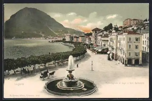 AK Lugano, Promenade mit Hotel Walter, Brunnen und Pferdekutsche