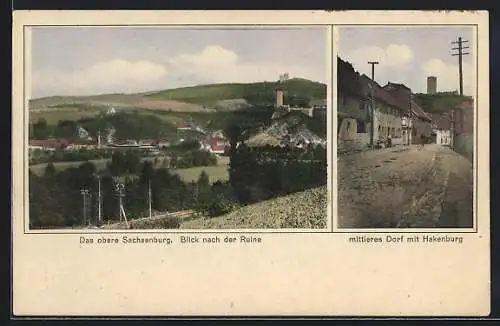 AK Sachsenburg / Thüringen, Dorfansicht mit Hakenburg und Blick zur alten Ruine