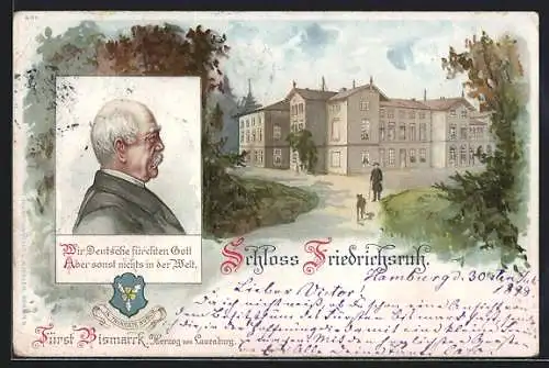 Lithographie Friedrichsruh, Portrait von Fürst Bismarck, Herzog von Lauenburg, Wappen