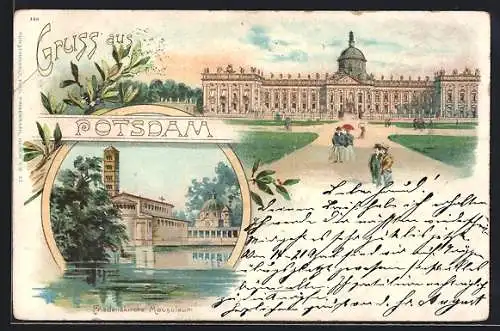 Lithographie Potsdam, Neues Palais, Friedenskirche und Mausoleum