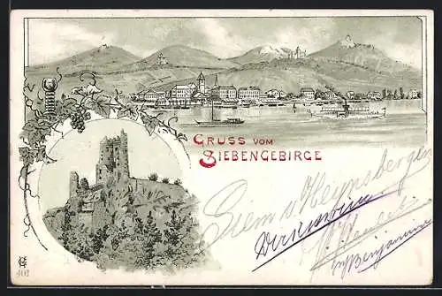 Lithographie Siebengebirge, Flusspartie und Burgruine